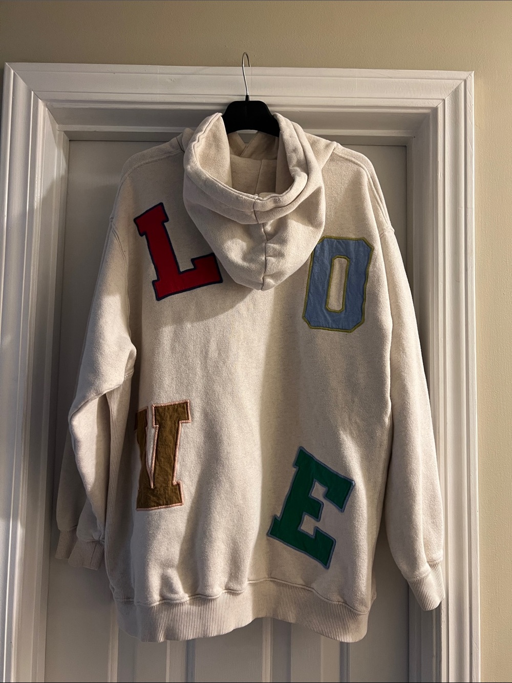 Aerie Cream Hoodie Sweatshirt with Colorful Letter Patches